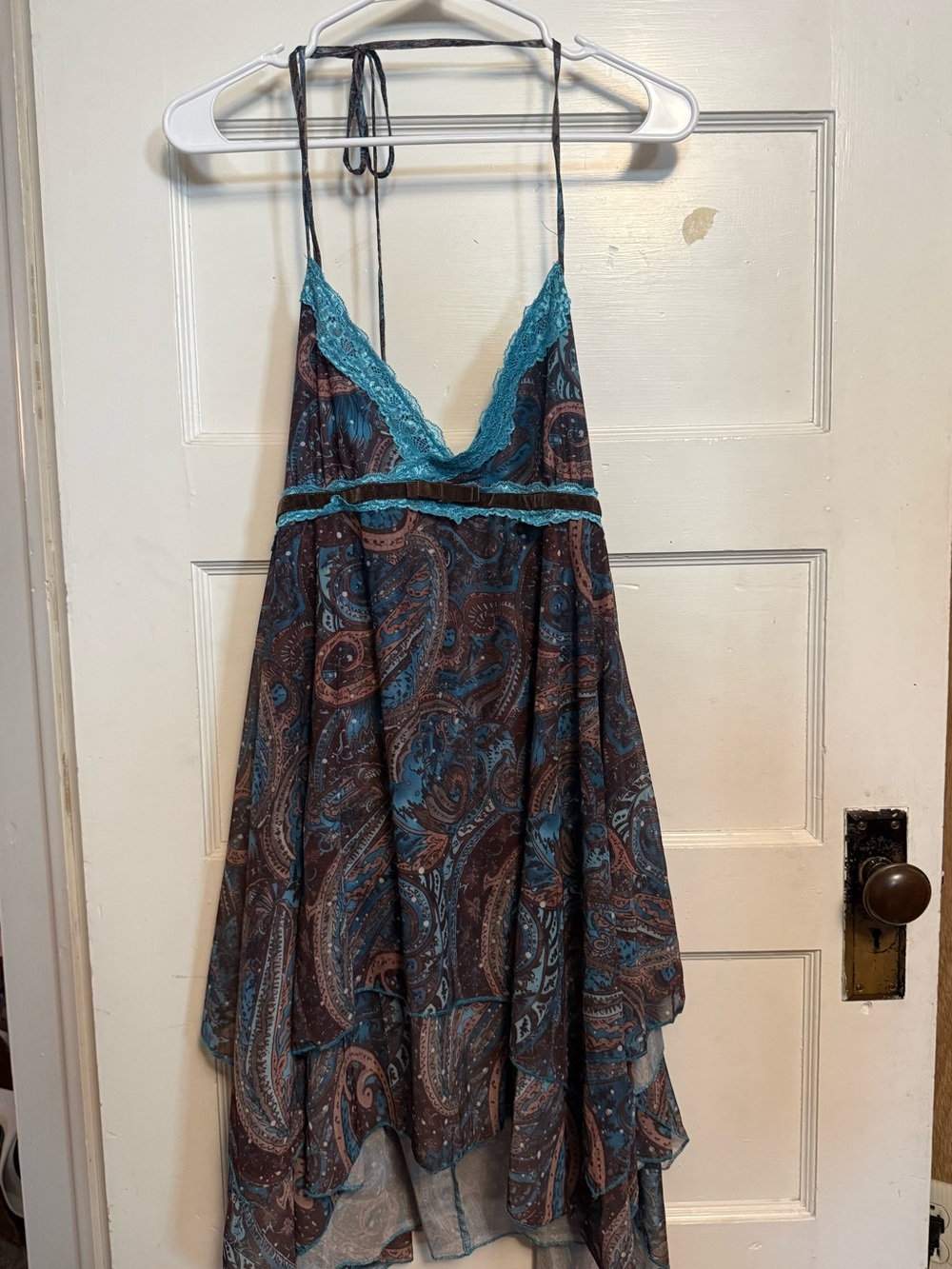 Shein brown and blue paisley print v-neck dress w/light blue lace trim, Size XL